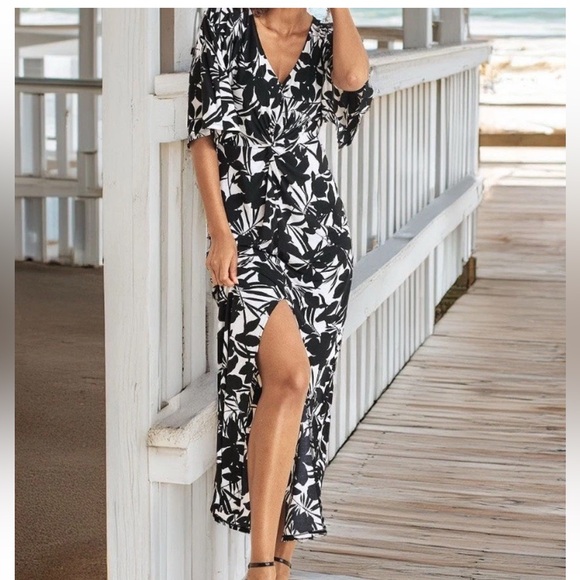 Floral Maxi Dress twist front V-neck maxi dress Drape sleeve,flattering XL - Picture 4 of 10
